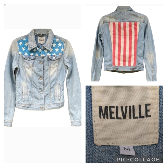 Melville American Flag Distressed Jean Jacket Size Medium Made in Ita… - Picture 1 of 13